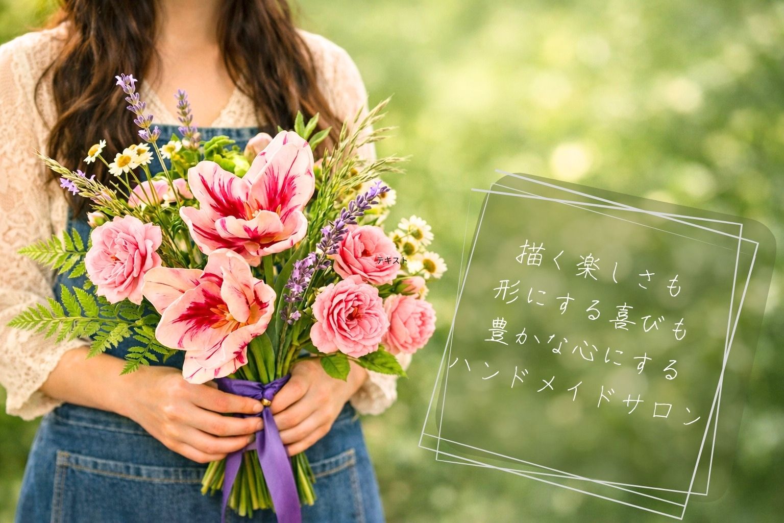 大阪堺市クレイクラフト教室FLORET－Shinoがオリジナル粘土で制作したチューリップを、野に咲く花々を束ねたようなシャンペトル風にアレンジしたブーケを手に持っている女性の姿