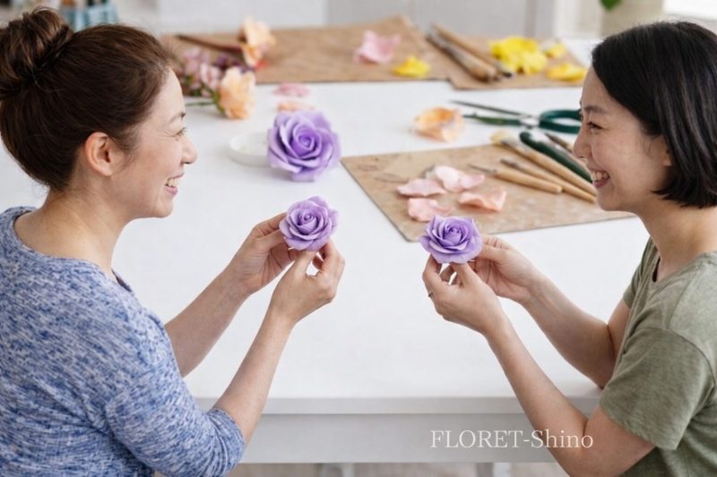 初めてのクレイフラワー体験をしている二人の女性