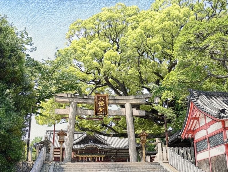 堺市百舌鳥八幡宮の鳥居を入り鉛筆画