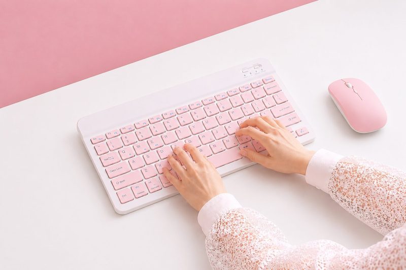 堺市のハンドメイド教室でピンクのキーボードでブログを綴っている