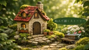 大阪堺のクレイクラフト教室。FLORET-Shinoがオリジナル粘土で作る「手のひらサイズのミニチュア小さな家、木が並ぶ可愛らしい村の風景