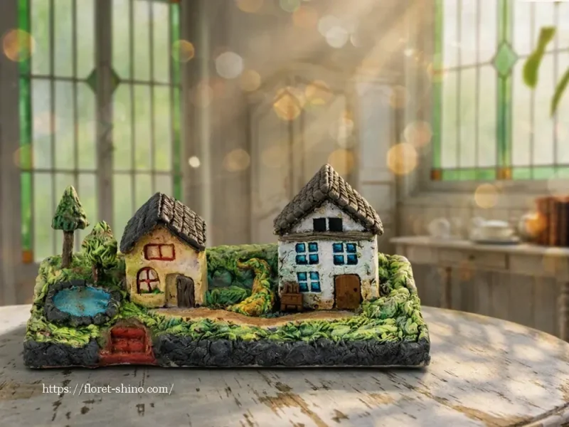 大阪堺のクレイクラフト教室FLORET-Shinoがオリジナル粘土で作る「手のひらサイズのミニチュア粘土作品。小さな家々、池、木が並ぶ可愛らしい村の風景で、窓枠は細工棒をスタンプのように押して作られた初級コースの作品。」