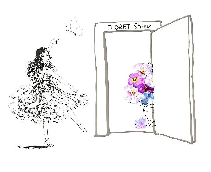 大阪府堺市のあるアトリエFLORET-Shino玄関に笑顔で来られた生徒様と玄関の花花々